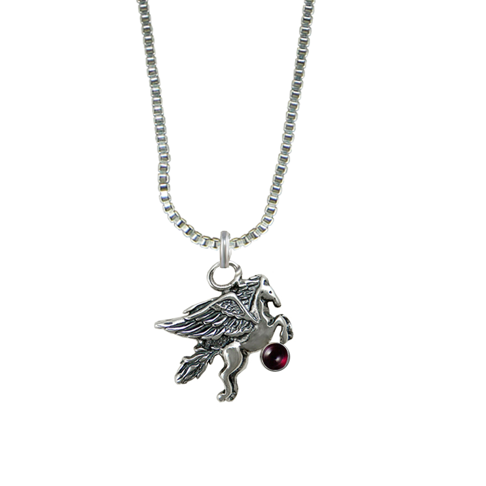 Sterling Silver Little Winged Horse Pegasus Pendant With Garnet